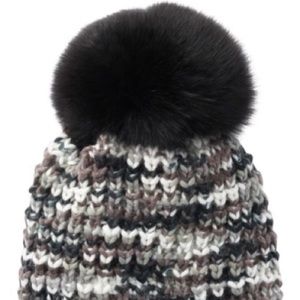 Kyi Kyi Genuine Fox Fur Pompom Colorful Knit Hat